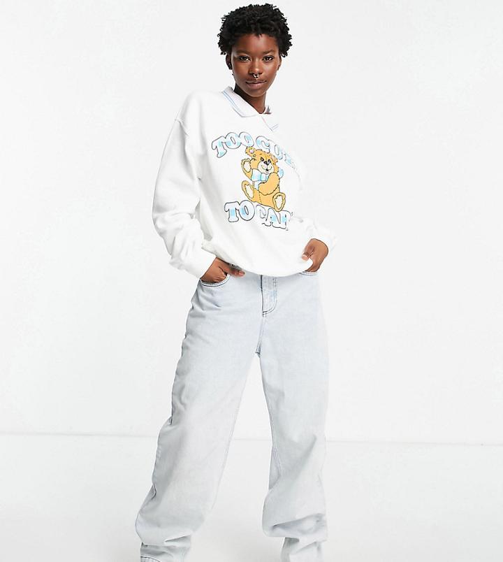 Vintage Supply Collar Detail Teddybear Sweatshirt In White