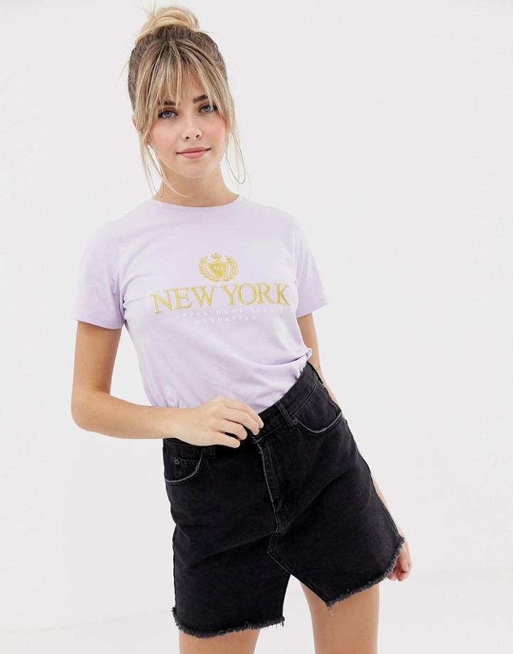 New Look Tee With New York Slogan In Lilac - Purple