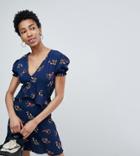 Influence Tall Frill Detail Tea Dress With Puff Sleeve In Floral Print - Navy