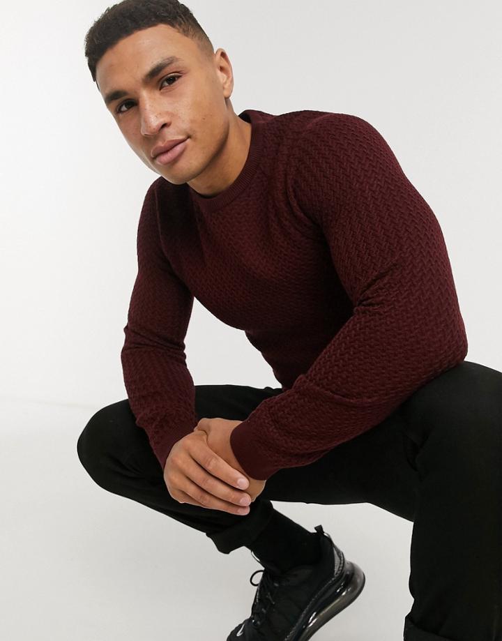 Asos Design Muscle Fit Basket Stitch Sweater In Burgundy-red