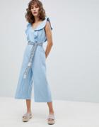 Suncoo Wide Leg Jumpsuit With Tapestry Tie - Blue