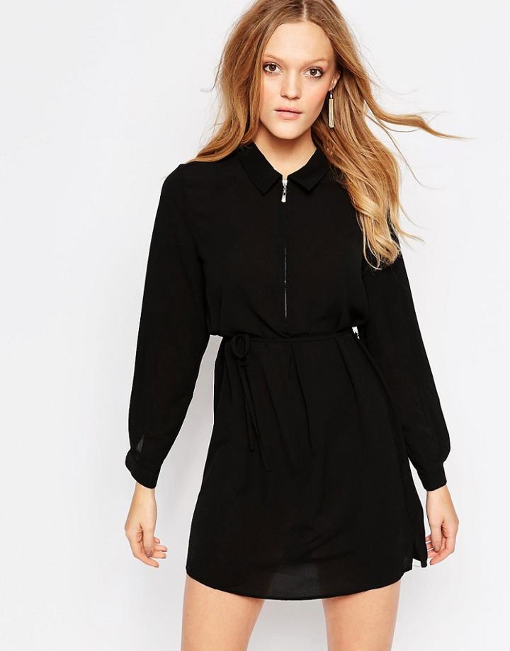 Qed London Zip Front Shirt Dress - Black