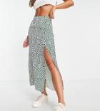 Asos Design Tall Midi Skirt With Thigh Split In Green & Ivory Print-multi