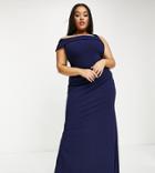 Goddiva Plus One Shoulder Fishtail Maxi Dress In Navy