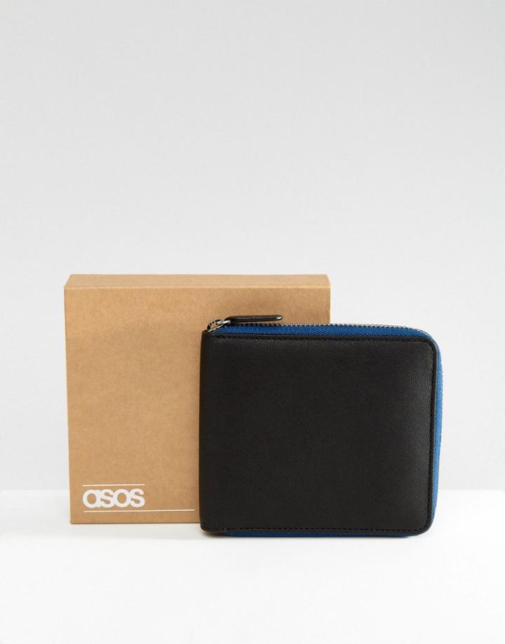 Asos Leather Oversized Zip Around Wallet In Black With Contrast Navy Zip - Black