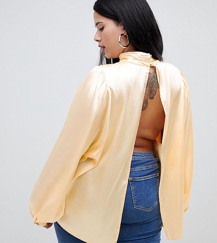 Asos Design Curve Satin Blouse With High Neck And Open Back - Cream