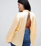 Asos Design Curve Satin Blouse With High Neck And Open Back - Cream