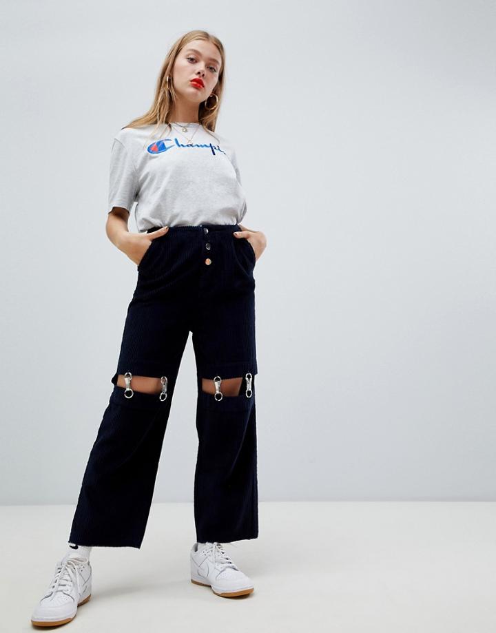 Asos Design Cord Pants With Detachable Metal Suspenders - Blue