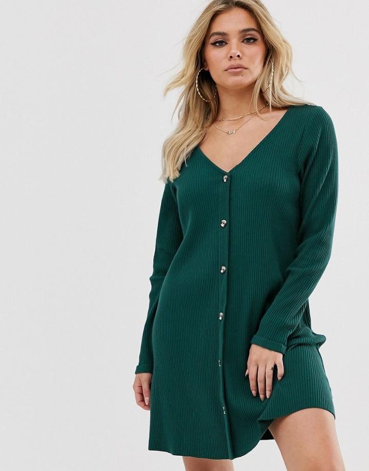Asos Design Super Soft Rib Button Through Swing Dress-green