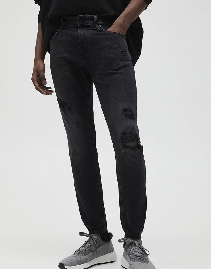 Pull & Bear Premium Ripped Skinny Jeans In Black