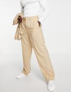 Asos Design High Waisted Wide Leg Suit Pants With Front Split In Stone Stripe-neutral