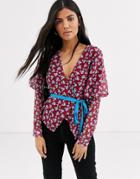 Lost Ink Tea Blouse With Constrast Tie Waist In Vintage Floral