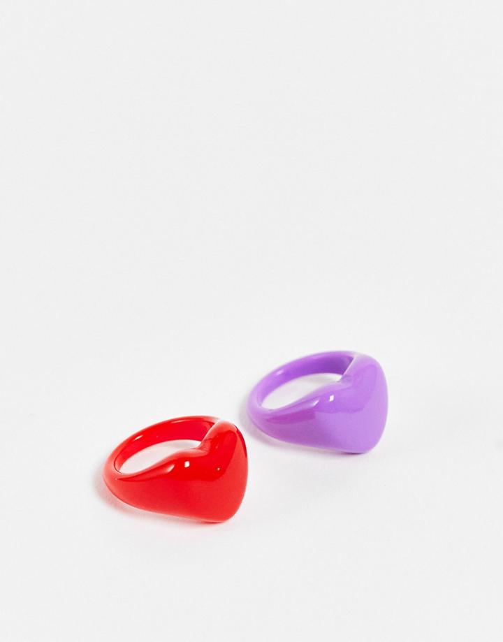 Pieces 2 Pack Chunky Heart Rings In Purple & Red-multi