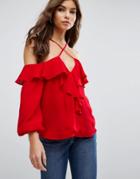 Asos Cold Shoulder Halter Detail Top With Ruffle - Red