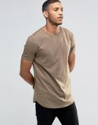 Asos Longline T-shirt With Curved Hem In Brown - Brown
