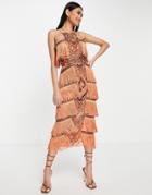 Asos Design Cami Square Neck Fringed Embellished Midi Dress With Cut Out-orange