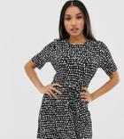 Asos Design Petite Exclusive Mini Tie Waist Plisse Dress In Mono Spot-multi