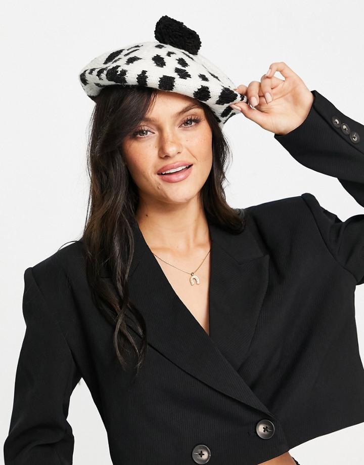 Monki Dalmation Print Beret In White