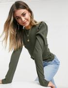 Pieces Ribbed Top With Puff Sleeves In Dark Green