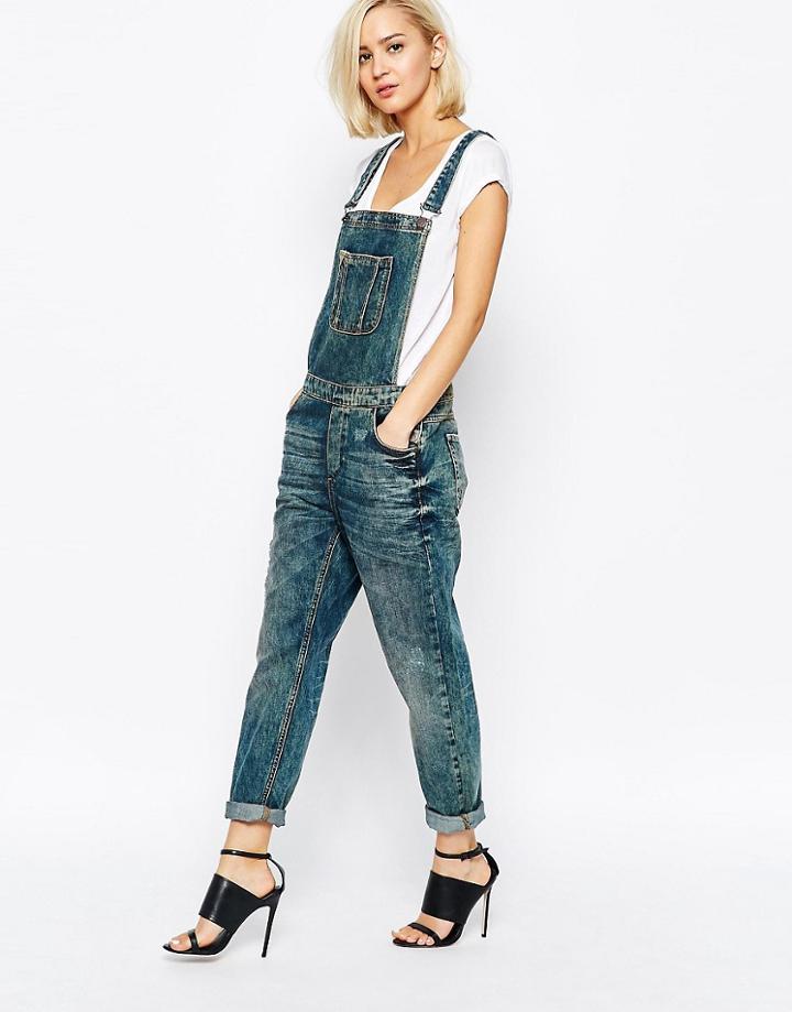 Selected Overalls In Washed Denim - Mid Blue Denim