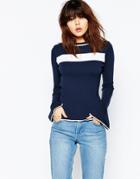Asos Sweater In Stripe With Flared Sleeve - Navy