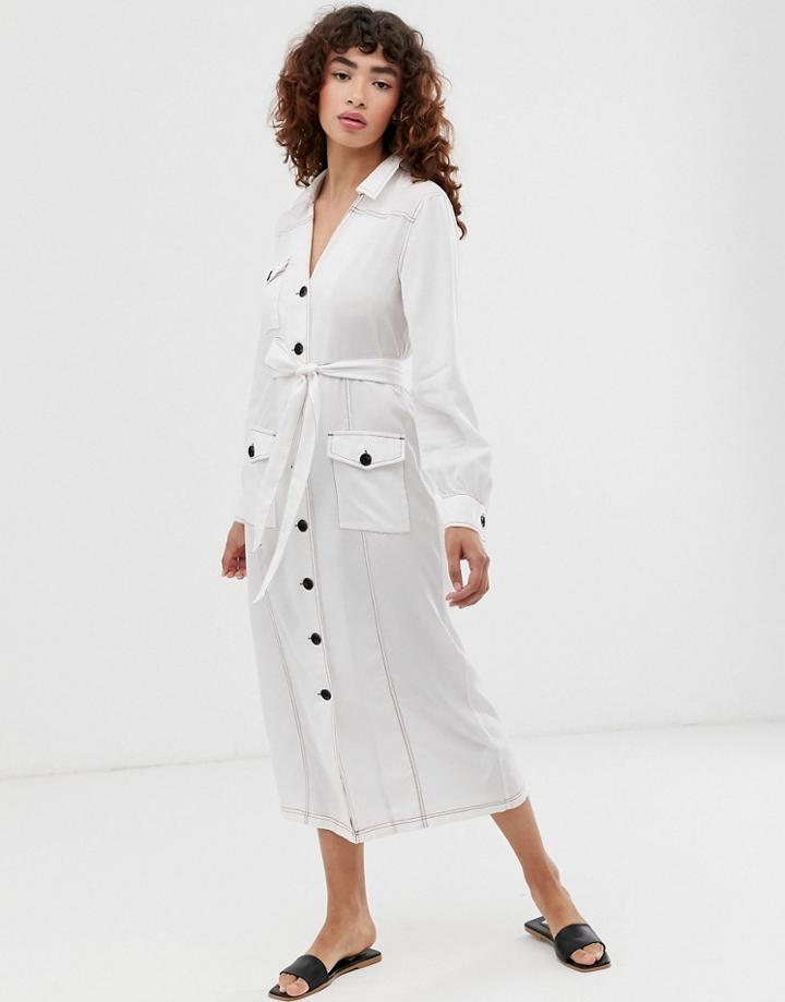 Asos Design Contrast Stitch Midi Column Shirt Dress - White