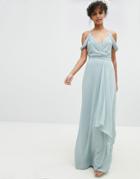 Tfnc Cold Shoulder Wrap Maxi Bridesmaid Dress With Fishtail - Green