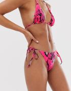 Asos Design Mix And Match Sleek Tie Side Bikini Bottom In Pink Neon Snake Print