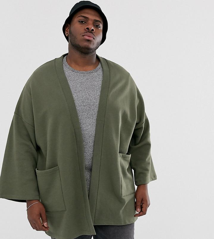 Asos Design Plus Jersey Kimono Cardigan In Khaki - Green