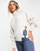Asos Design High Neck Sweater With Ring Detail In Cream-white