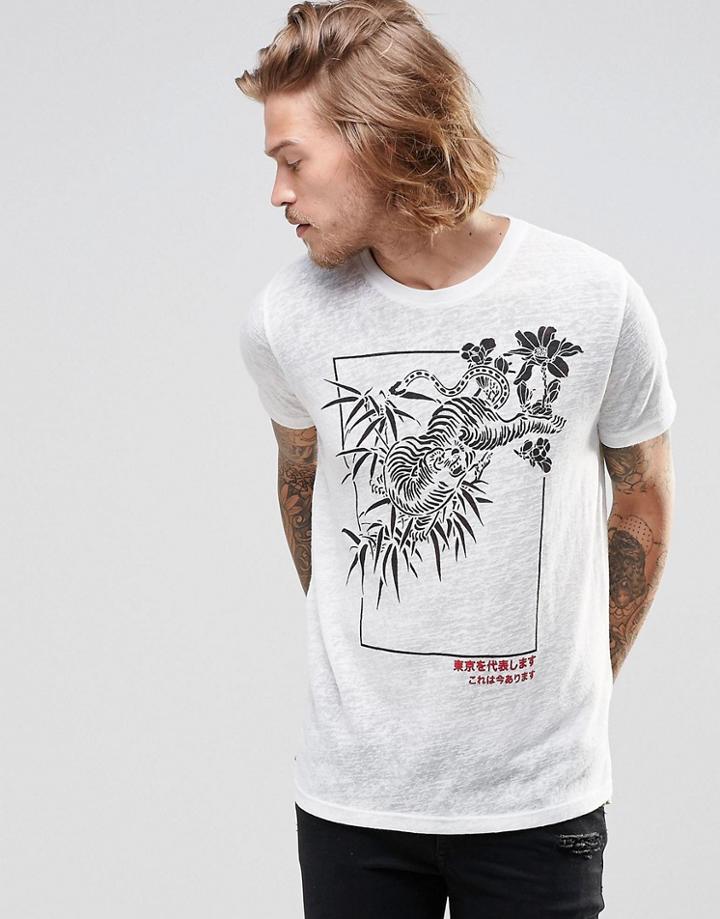 Asos T-shirt With Japanese Tiger Print In Linen Look Fabric - Ecru