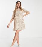 Asos Design Maternity Short Sleeve Smock Mini Dress In Beige Spot Print-multi