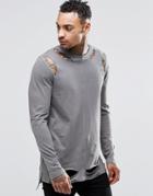 Asos Longline Long Sleeve T-shirt With Heavy Distress - Gray