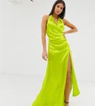 Asos Design Tall Halter Maxi Dress In High Shine Satin With Drape Neck - Green