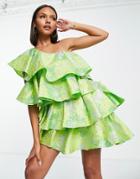 Asos Luxe Super Ruffle One Shoulder Jacquard Mini Dress In Green