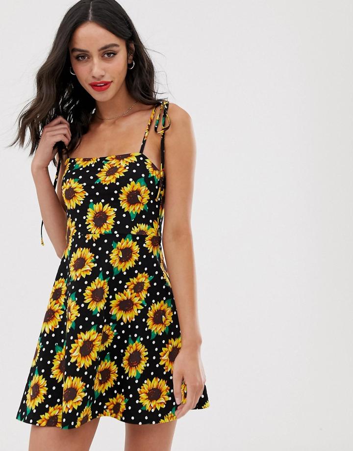 Asos Design Mini Square Neck Dress With Tie Straps In Sunflower Spot - Multi