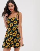 Asos Design Mini Square Neck Dress With Tie Straps In Sunflower Spot - Multi