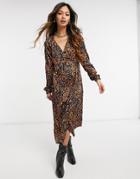 Vero Moda Ruched Sleeve Midi Wrap Dress In Animal Print-multi