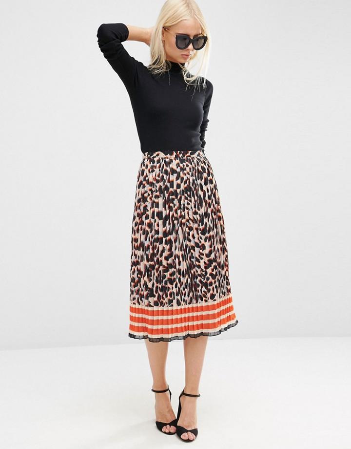 Asos Animal Print Pleated Midi Skirt - Multi