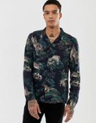 Allsaints Revere Collar Shirt In Black With Tiger Print - Black