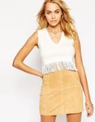 Asos Crop Tank In Knit With Fringing - White