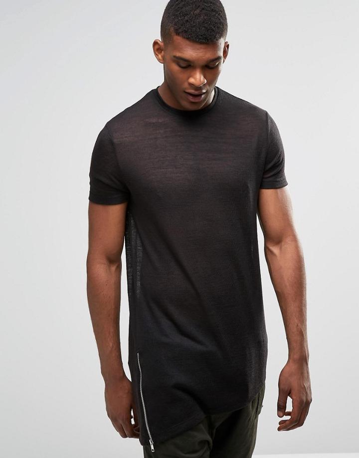 Asos Super Longline T-shirt In Linen Look With Asymmetric Zip And Cap Sleeve - Black