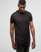 Asos Super Longline T-shirt In Linen Look With Asymmetric Zip And Cap Sleeve - Black