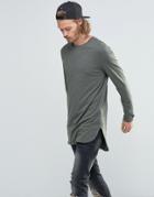 Asos Longline Long Sleeve T-shirt With Side Splits In Khaki - Khaki