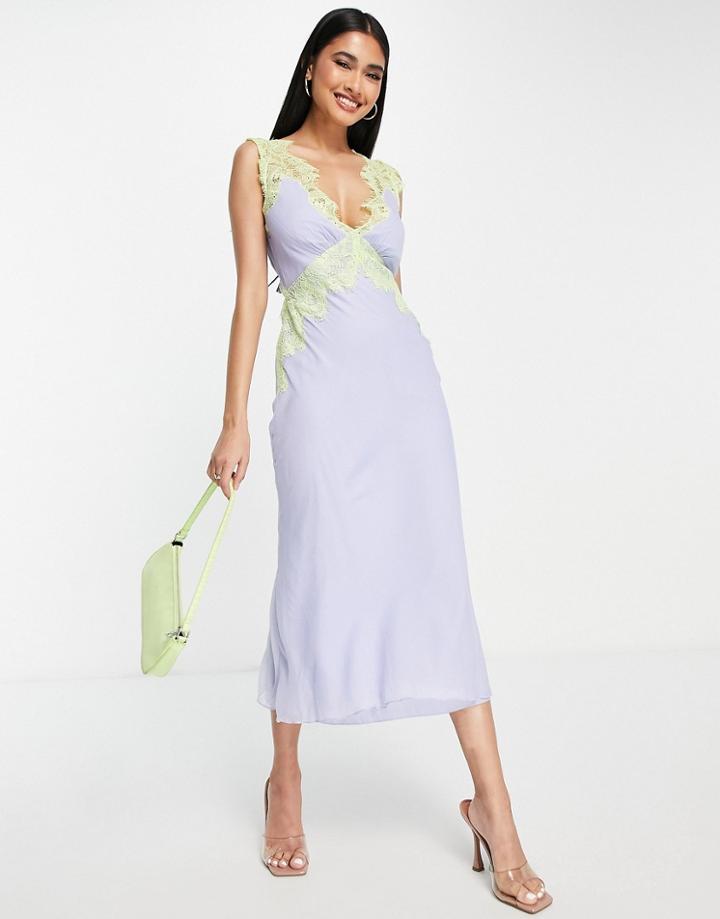Asos Design Bias Cut Chiffon Midi Dress With Applique Lace In Lilac-purple