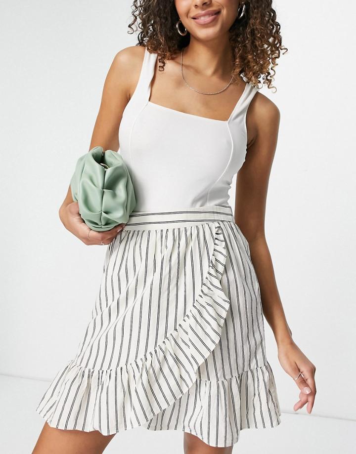 Vero Moda Organic Cotton Wrap Mini Skirt With Ruffle In White Stripe-multi