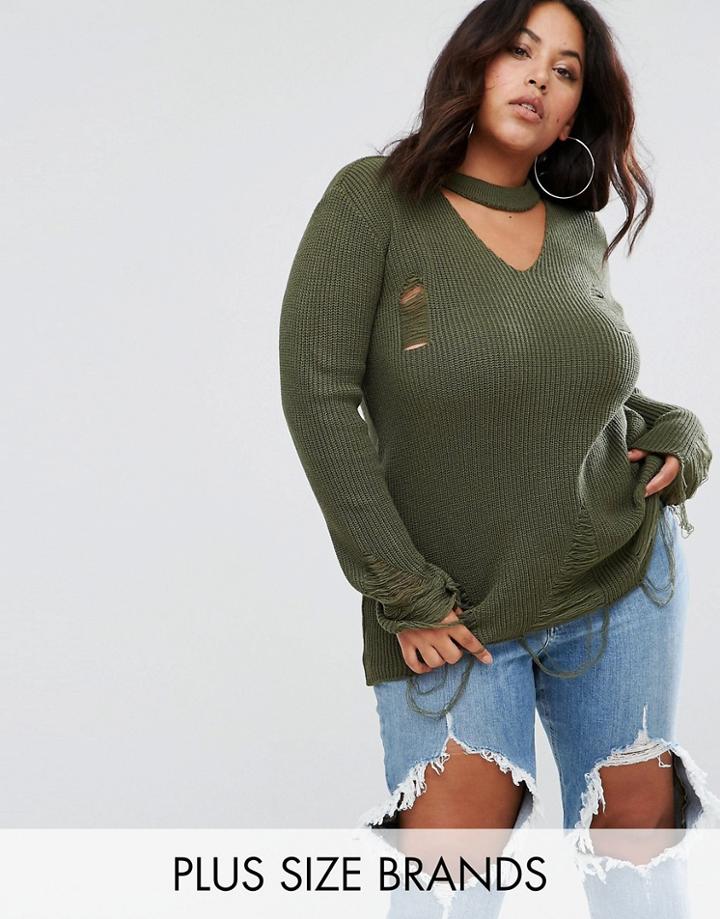 Club L Plus Size Ladder Detail Choker Detail Sweater - Green