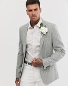 Asos Design Wedding Skinny Blazer In Green Wool Mix With Stripe
