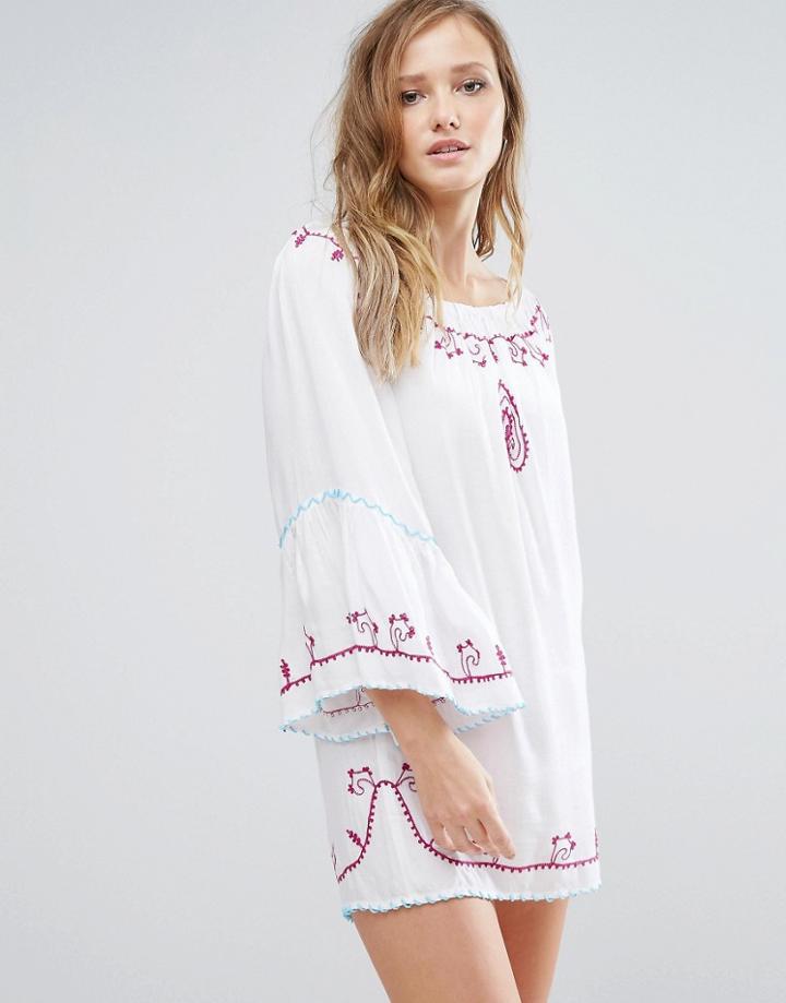 Anmol Off Shoulder Mini Beach Dress With Trim - White