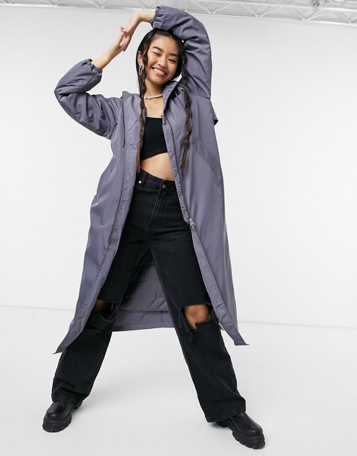 Weekday May Hooded Nylon Long Jacket In Gray-grey